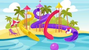 a sandy beach surrounded by water with palm trees and waterslides