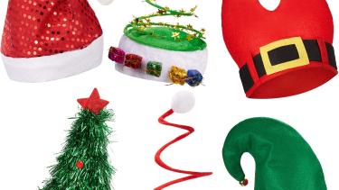 an assortment of festive Christmas hats