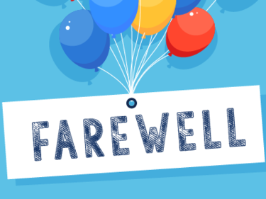 a set of coloured balloons against a blue sky holding onto a farewell sign 