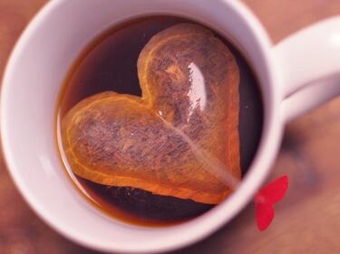 mug with a heart shaped tea bag
