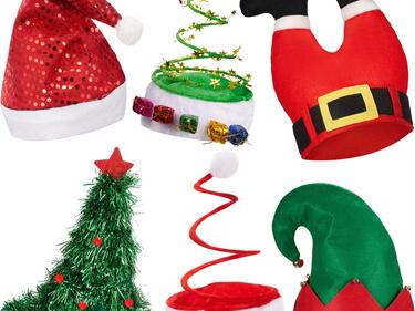 an assortment of festive Christmas hats