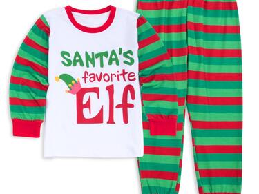 a pair of Christmas pajamas that say Santa's favourite elf